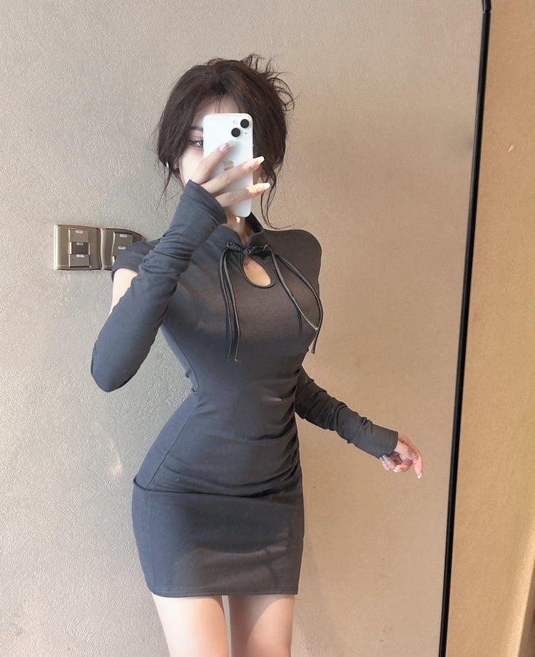 Novelty Bodycon Short Sleeve Cutout Mini Dress Oriental Style Mandarin Collar Slit Short Dress AP3629