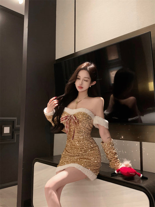 Christmas Day Style Off-Shoulder Bows Mini Skirt Glittering Sequins Fur Trim Bodycon Short Dress AP3633