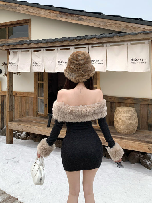 Charming Fur Trim Off-Shoulder Mini Skirt Novelty Bodycon Long Sleeve Short Dress AP3634