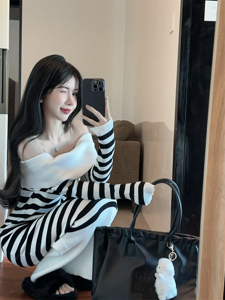 Simple Sheath Long Sleeve Maxi Dress Classical Off-Shoulder Black & White Stripe Long Dress AP3635