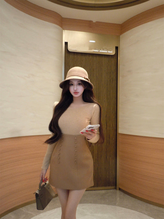 Minimalist Jewel Neck Sheath Long Sleeve Mini Dress Vogue Knit Sweater High-Waisted Skirt 2-Piece Set Short Dress AP3636