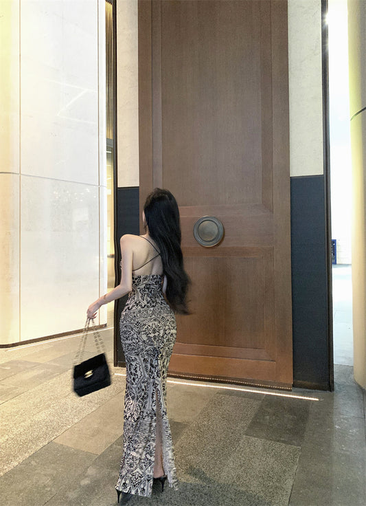 Playful Sheath Floral Print Slit Evening Maxi Dress Boho-Style Spaghetti Strap Cutout Long Dress AP3640