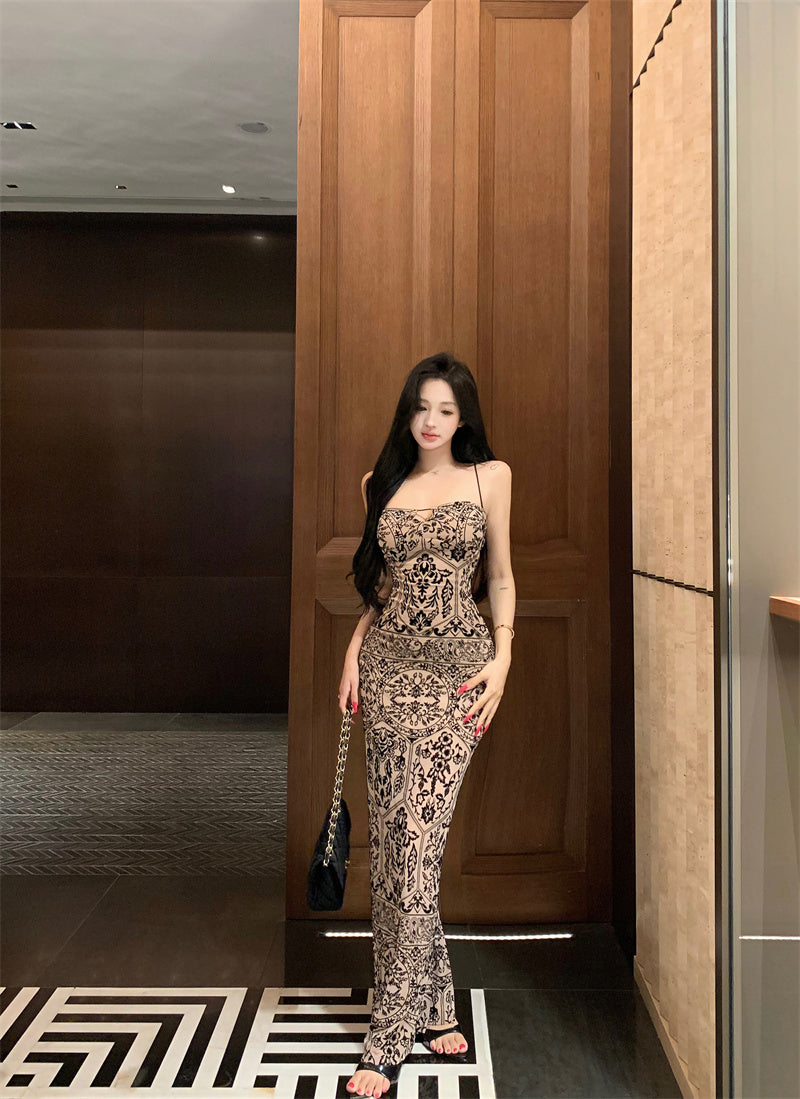 Playful Sheath Floral Print Slit Evening Maxi Dress Boho-Style Spaghetti Strap Cutout Long Dress AP3640