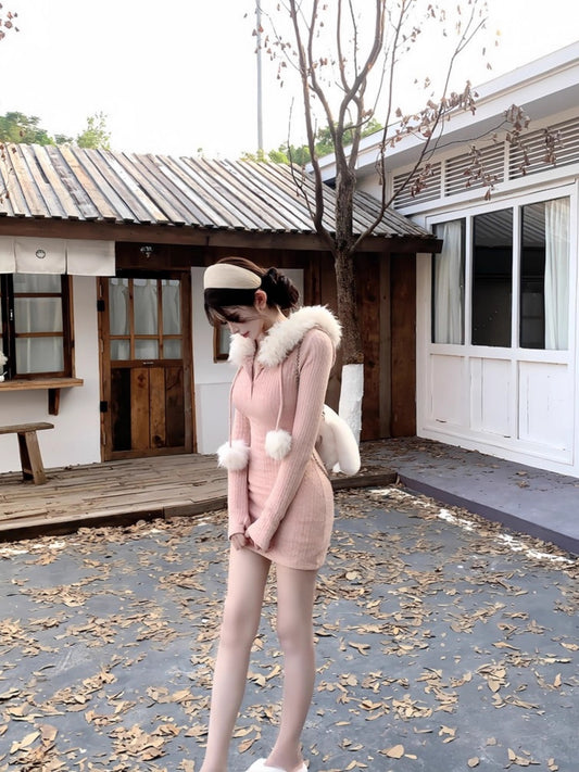 Attractive Bodycon Fur Trim Hooded Knitted Mini Dress Sexy Long Sleeve Figure-Hugging Pink Short Dress AP3645