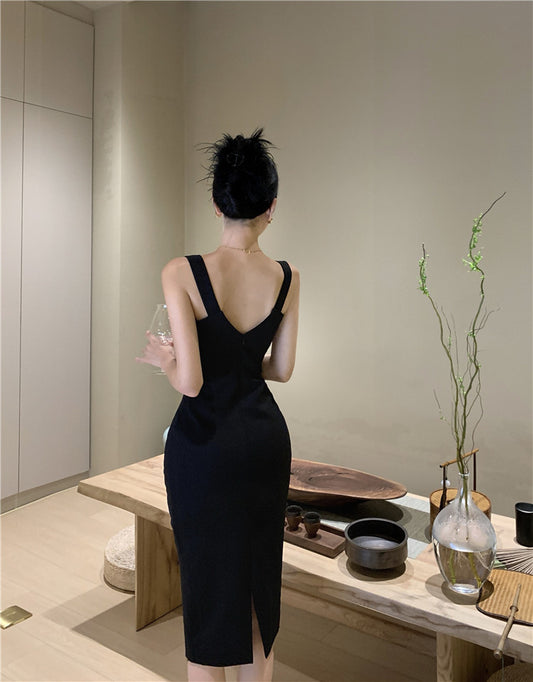 Modern Spaghetti Straps Slit Sheath Midi Dress Glam Cinched-Waist Black Lace Splicing Evening Long Dress AP3648