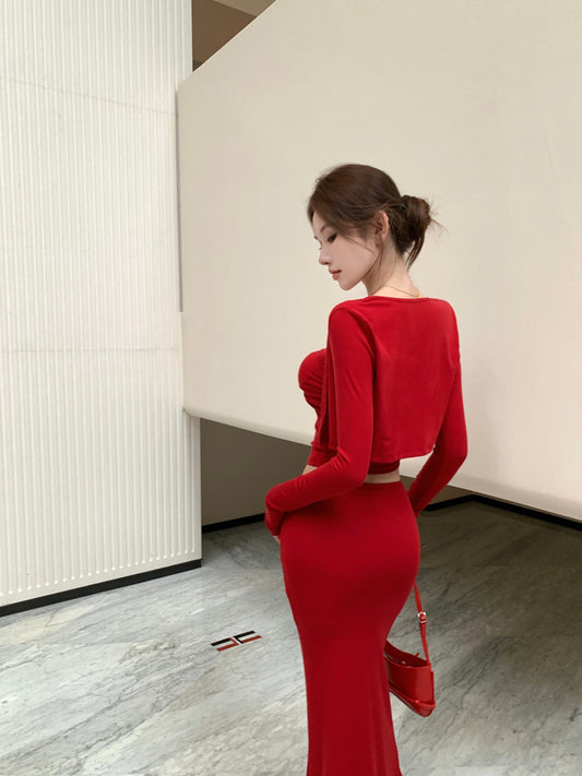 Pretty Red 3-Piece Set Ruched Evening Maxi Dress With Cardigan Alluring Spaghetti Strap Cinched Bodice Sheath Long Dress AP3650