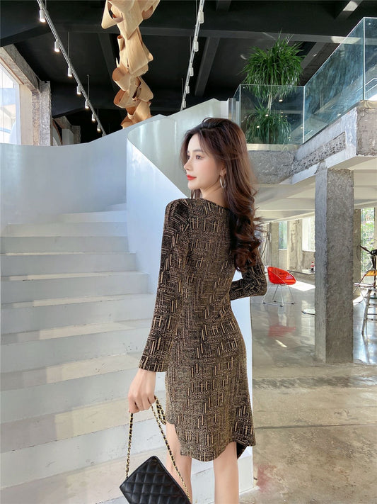 Delicate Sheath V Neck Print Mini Dress Elegant Long Sleeve Asymmetric Hem Short Dress AP3653