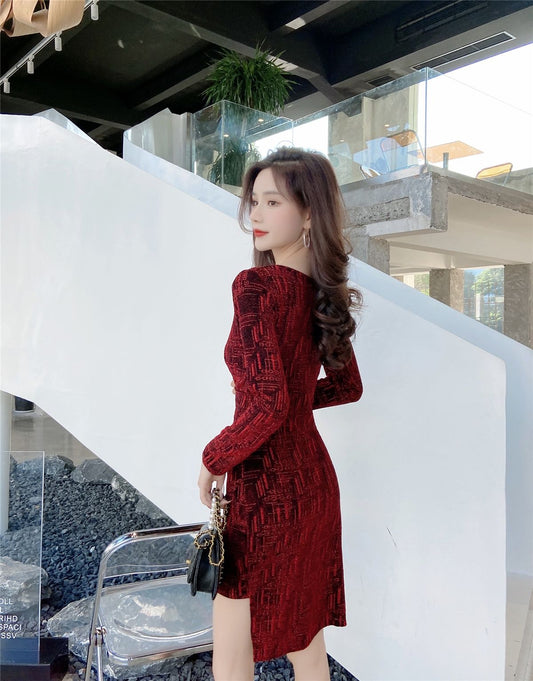 Hot Girls V Neck Asymmetric Hem Print Mini Dress Novelty Long Sleeve Sheath Short Dress AP3654