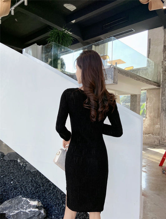 Gen Z Style V Neck Long Sleeve Sheath Mini Dress Simple Asymmetric Hem Black Short Dress AP3655