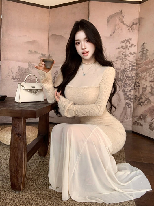 Y2K Style Long Sleeve Mermaid Lace Maxi Dress Vintage Tulle Splicing High Collar Long Dress AP3658