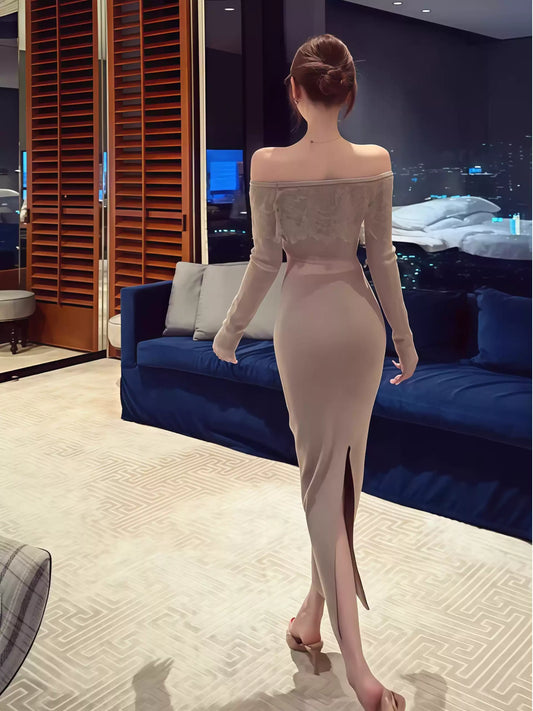 New Tendency Long Sleeve Sheath Sheer Tulle Splicing Maxi Dress Glam Off-Shoulder Lace Trim Slit Long Dress AP3659