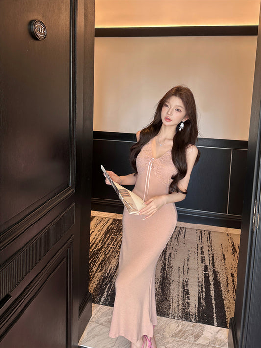 Everyday Wear V Neck Evening Maxi Dress Elegant Mermaid Lace Splicing Long Dress AP3661