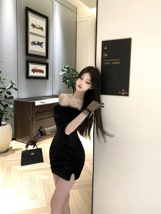Appealing Strapless Parties Mini Dress Charming Fur Trim Black Bodycon Short Dress AP3670