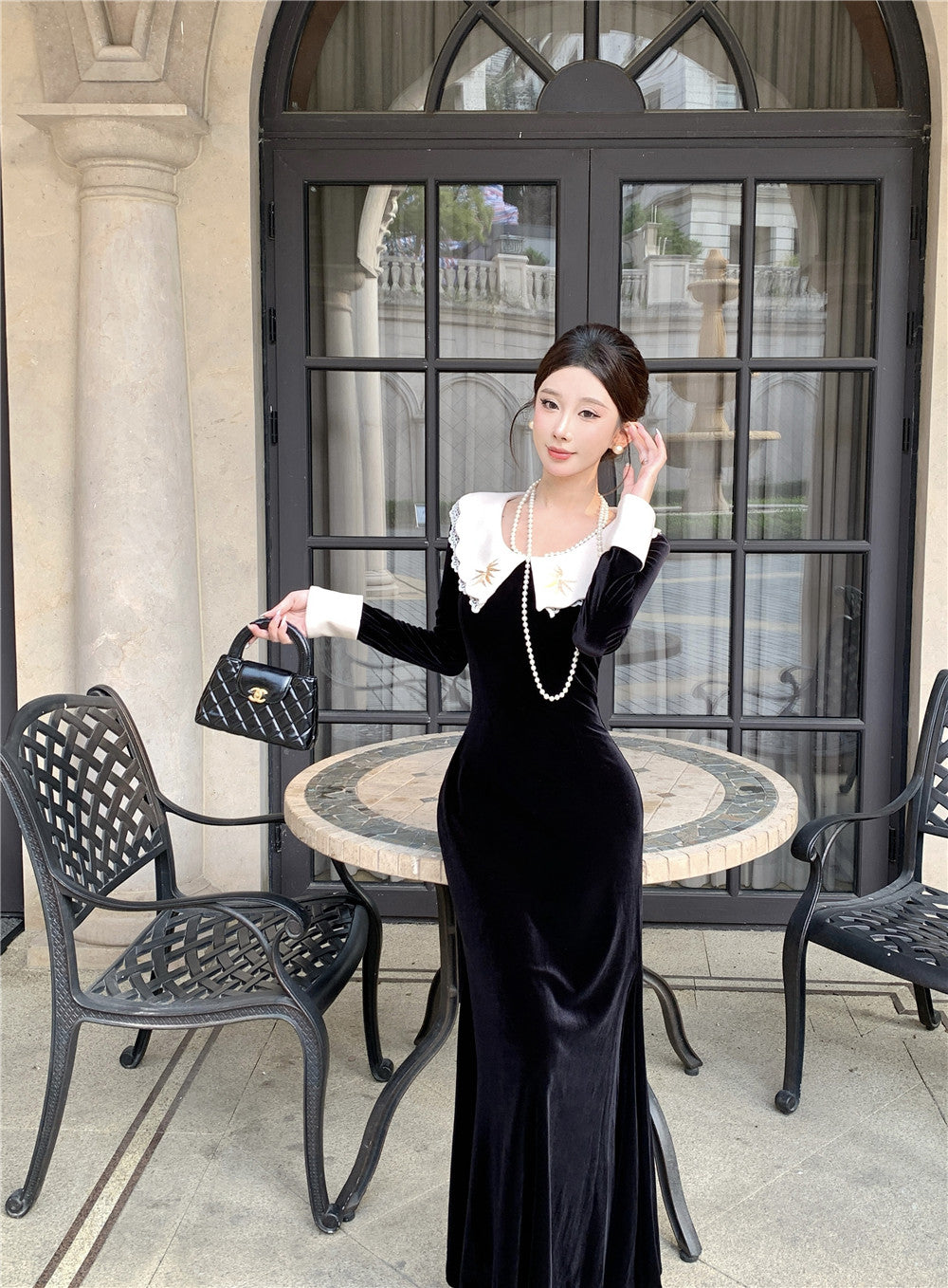 Fabulous Long Sleeve Embroidered Jewel Neck Maxi Dress French Style Mermaid Black Long Dress AP3676