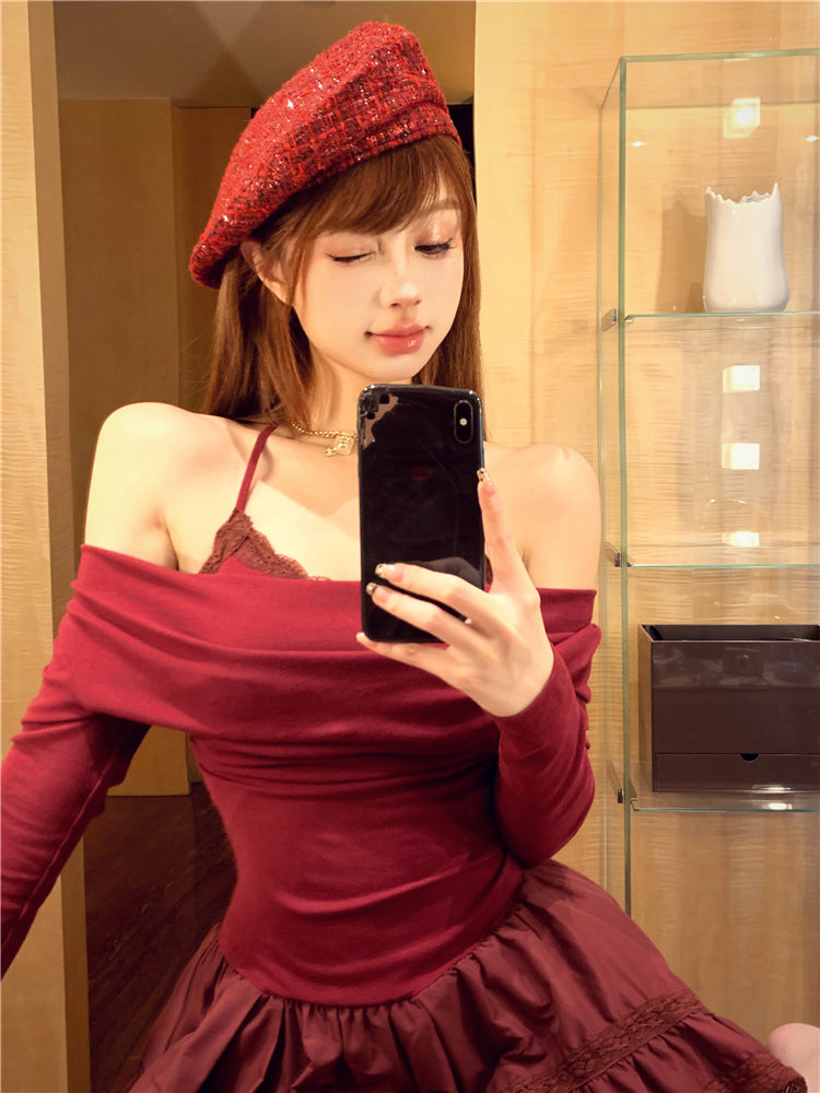 Chic Asymmetric Hem Off-The-Shoulder Mini Skirt Novelty Long Sleeve A-Line Red Short Dress AP3677