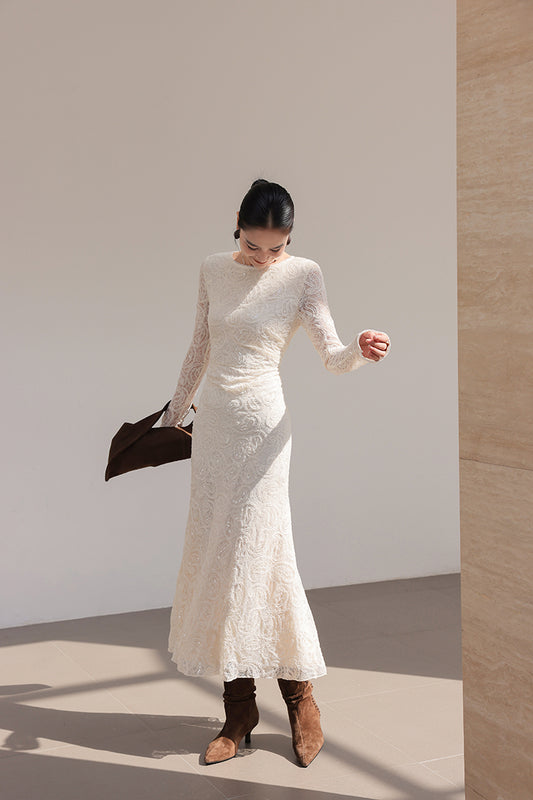 Fantastic Sheath Lace Long Sleeve Maxi Dress Elegant Sequins Jewel Neck Long Dress AP3682