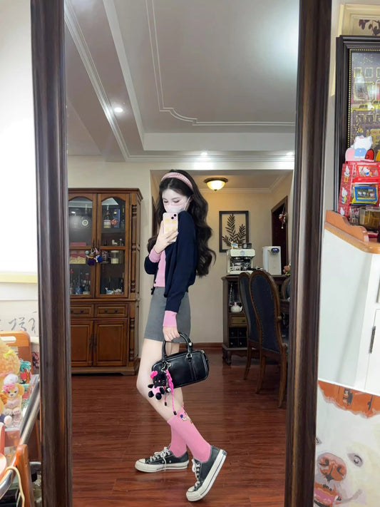 Y2K Style 2-Piece Set Sheath Mini Skirt Charming Knitted Long Sleeve Colorblock Cardigan Jewel Neck Short Dress AP3685