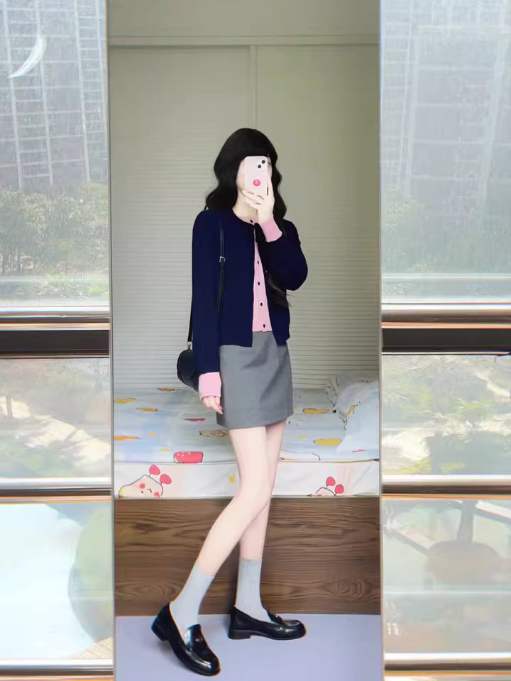 Y2K Style 2-Piece Set Sheath Mini Skirt Charming Knitted Long Sleeve Colorblock Cardigan Jewel Neck Short Dress AP3685