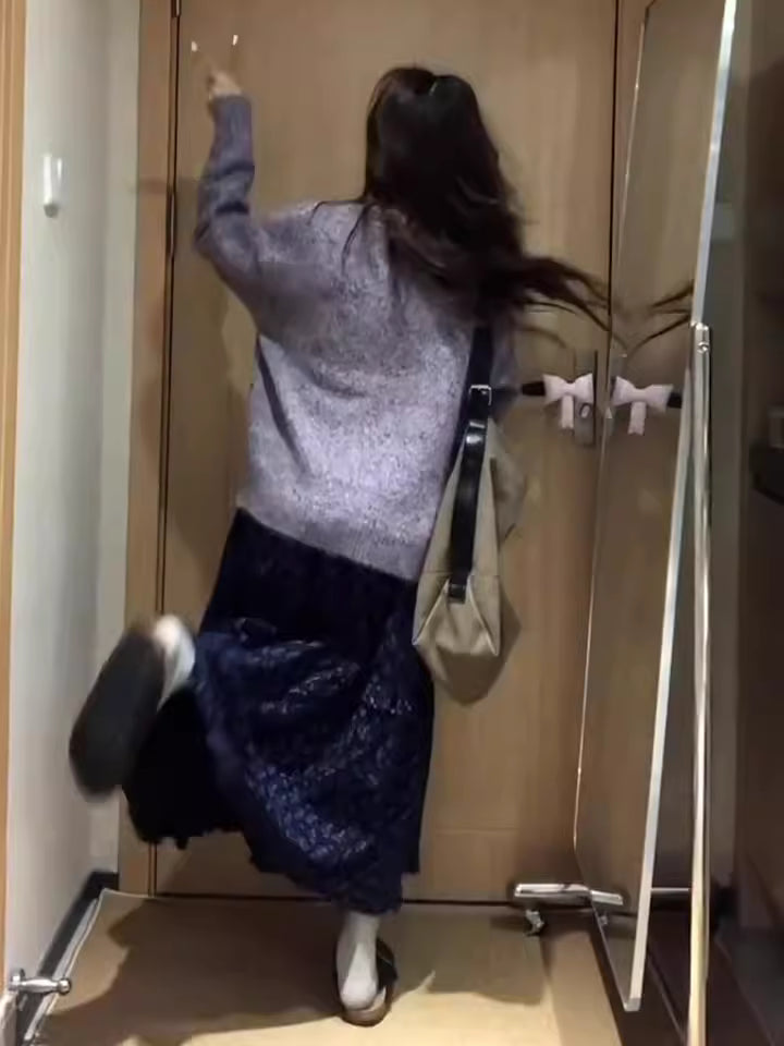 Glam 2-Piece Set Knitted Purple Sweater A-Line Maxi Dress Romantic Long Sleeve Floral Print Long Dress AP3686