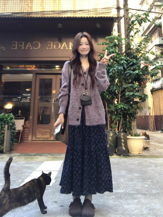 Glam 2-Piece Set Knitted Purple Sweater A-Line Maxi Dress Romantic Long Sleeve Floral Print Long Dress AP3686