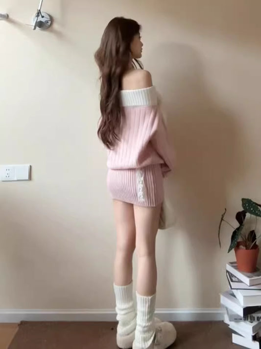 Elegant Sheath Pink Knitted Mini Skirt Vogue Off-Shoulder Bow Long Sleeve Short Dress AP3687