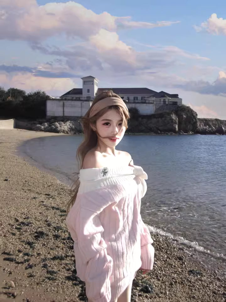 Elegant Sheath Pink Knitted Mini Skirt Vogue Off-Shoulder Bow Long Sleeve Short Dress AP3687