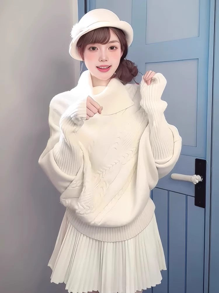 Lovely 2-Piece Set A-Line White Mini Skirt Elegant Loose Fit High Collar Long Sleeve Sweater Pressed Pleat Short Dress AP3689