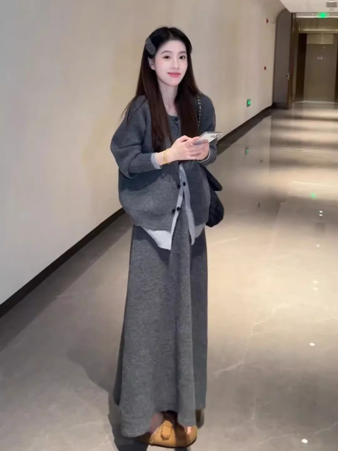 Simple 2-Piece Set Knitted Cardigan A-Line Maxi Dress Charming Long Sleeve Jewel Neck Grey Long Dress AP3691