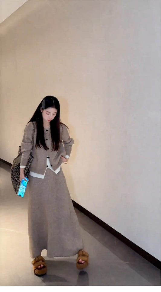 Chic Knitted Cardigan 2-Piece Set A-Line Maxi Dress Glam Jewel Neck Long Sleeve Colorblock Long Dress AP3692