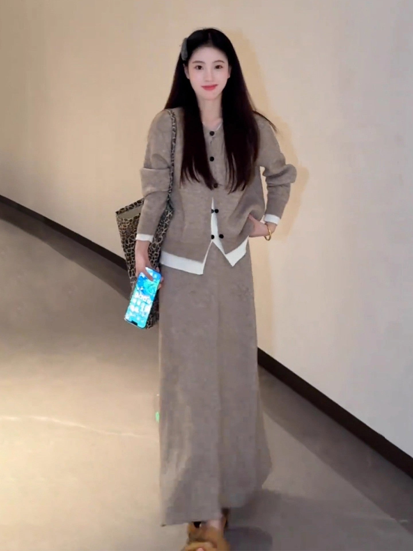 Chic Knitted Cardigan 2-Piece Set A-Line Maxi Dress Glam Jewel Neck Long Sleeve Colorblock Long Dress AP3692