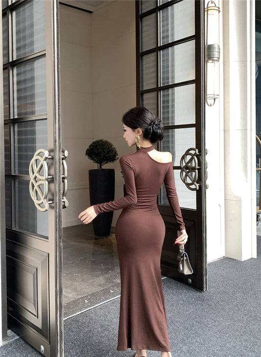 Artistic Long Sleeve Sheath Ruched Maxi Dress Retro Asymmetric Neck Slit Long Dress AP3699