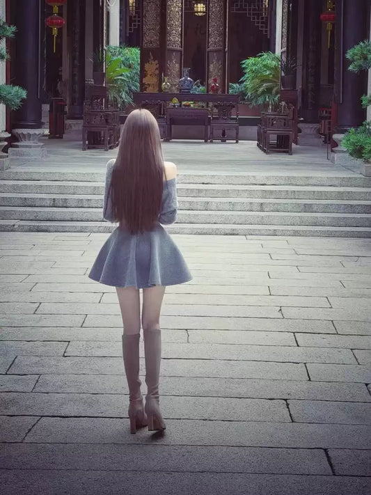 Gorgeous A-Line Grey Cinched-Waist Mini Skirt Minimalism Asymmetric Neck Long Sleeve Short Dress AP3704