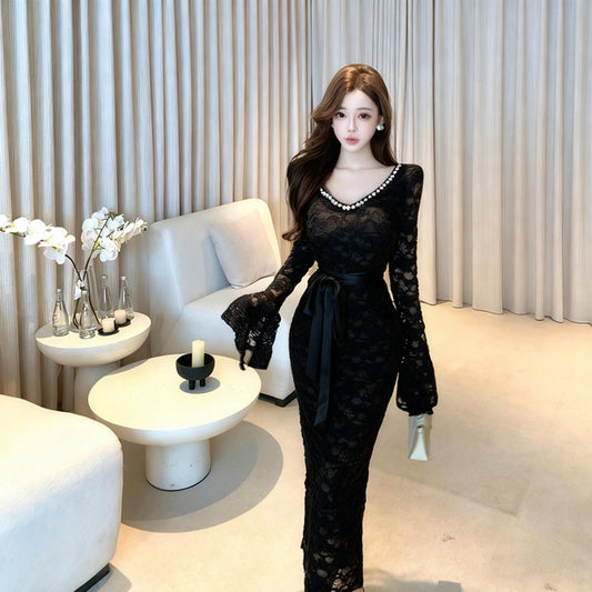 Dramatic Lace Splicing Sheath V Neck Maxi Dress Sexy Crystals Accent Long Bell Sleeve Evening Long Dress AP3707