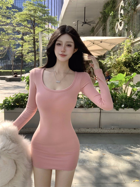Fashionable Stretchy Fabric Long Sleeve Pink Mini Skirt Sweet Bodycon Parties Outfit Square Neck Short Dress AP3711