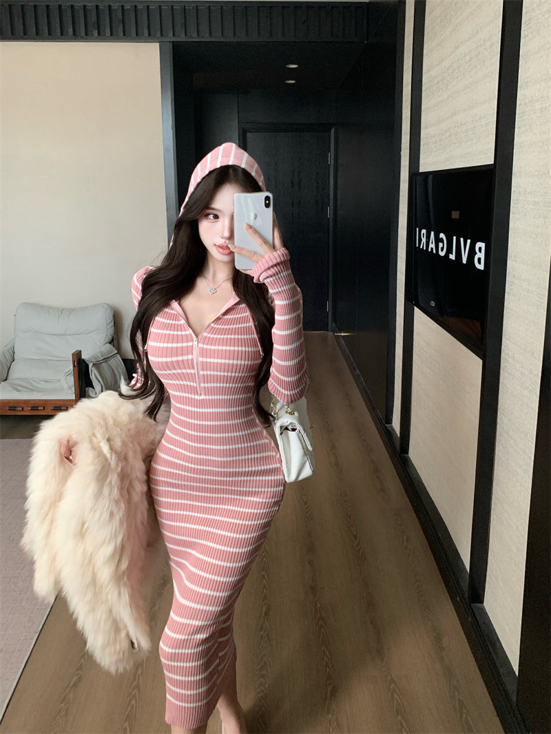 Simple Sheath Pink Stripe Hooded V Neck Maxi Dress Cute Zipper Design Long Sleeve Long Dress AP3714