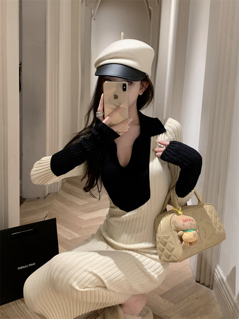 Adorable V Neck Colorblock Knitted Maxi Dress Charming Long Sleeve Sheath Long Dress AP3717