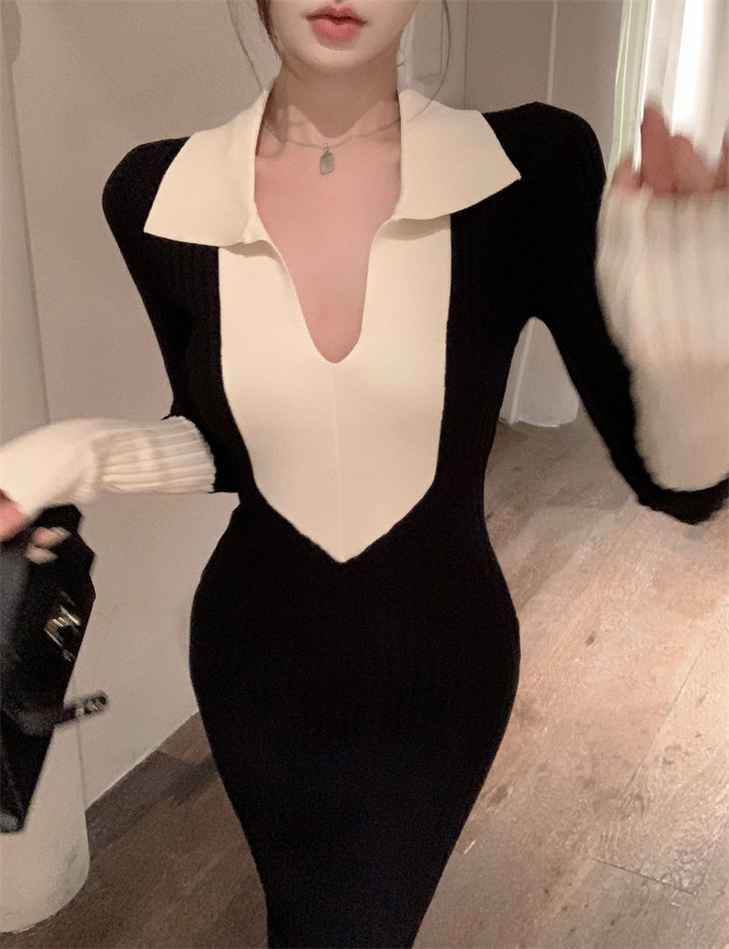 Playful Sheath Black & White Colorblock Maxi Dress Vogue V Neck Long Sleeve Long Dress AP3718
