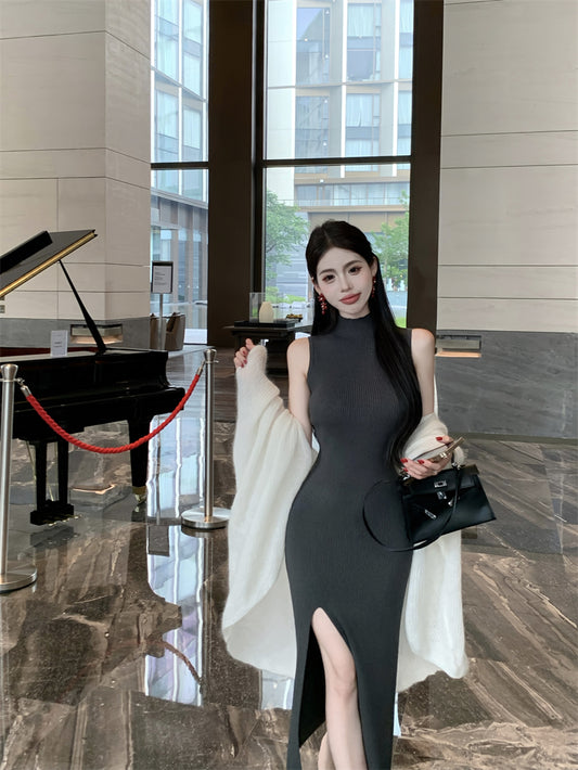 Fitted Sheath Sleeveless Grey Maxi Dress Stylish High-Slit High Collar Long Dress AP3720