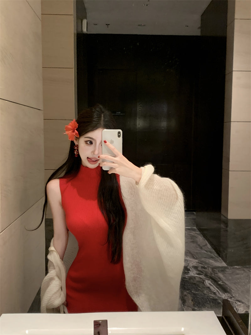 Trendy High-Slit Sleeveless Red Maxi Dress Vibrant Sheath Knitted High Collar Long Dress AP3722