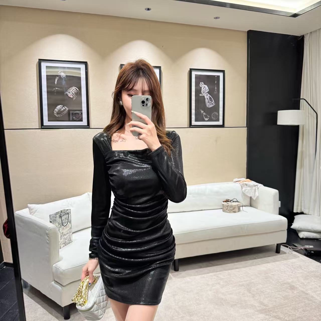 Attractive Square Neck Parties Outfit Ruched Mini Skirt Sheen Bodycon Long Sleeve Short Dress AP3723