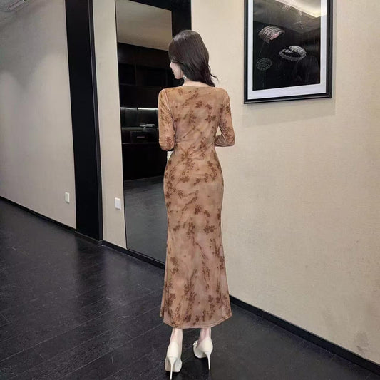 Modern Long Sleeve Sheath Ruched Maxi Dress Vintage Jewel Neck Floral Print Long Dress AP3726