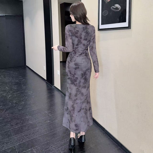 Pretty Jewel Neck Long Sleeve Maxi Dress Charming Sheath Floral Print Ruched Long Dress AP3727