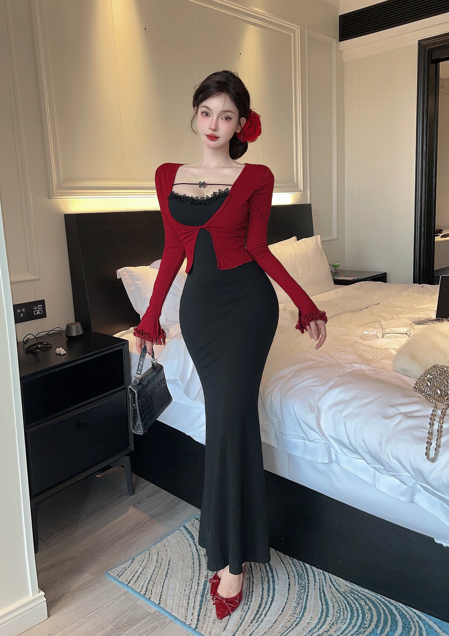 Hot Girls Lace Trim Square Neck Colorblock Maxi Dress Alluring Mermaid Long Sleeve Long Dress AP3731
