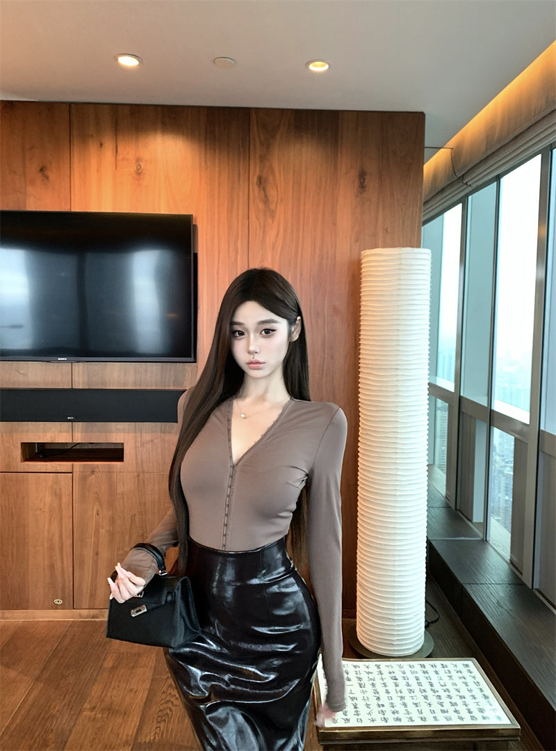 New Tendency 2-Piece Set V Neck Midi Skirt Vogue Long Sleeve Blouse Sheath Leather Slit Long Dress AP3736