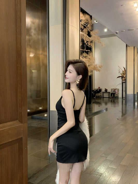 Refined Spaghetti Strap Parties Outfit Mini Skirt Sparkly Tassel Trim Black Sheath Short Dress AP3739