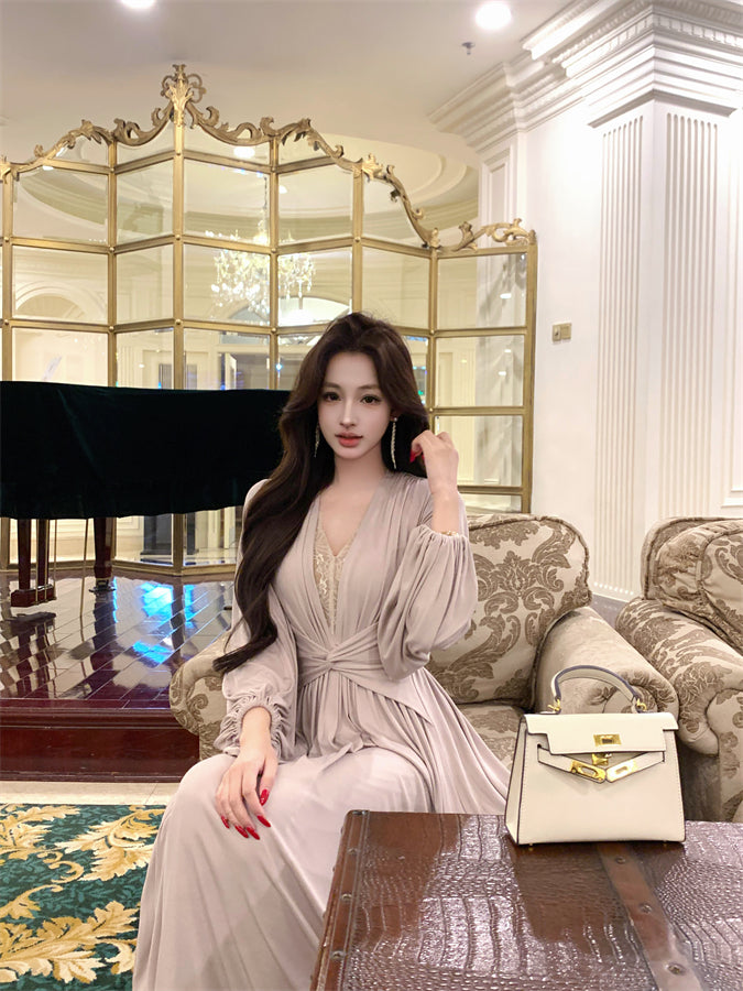 Wonderful V Neck Lace Splicing Maxi Dress Flowy Long Sleeve A-Line Cinched-Waist Long Dress AP3743