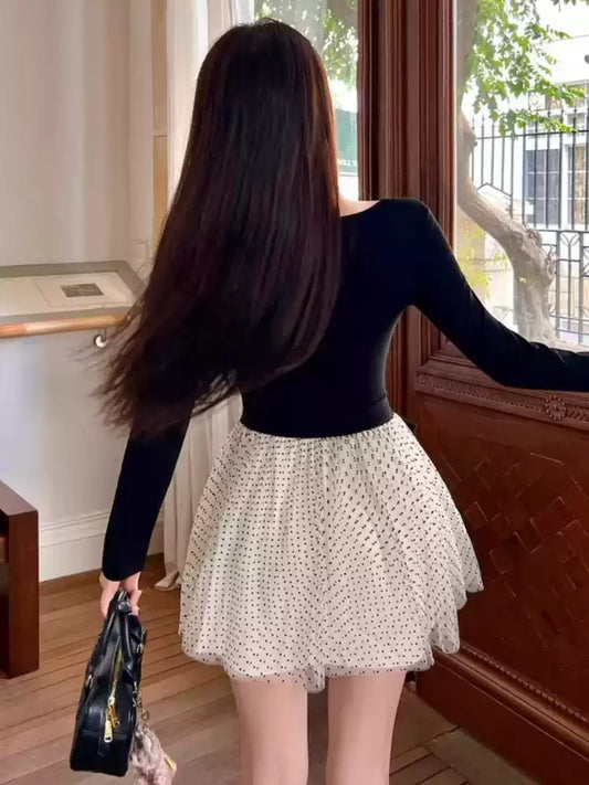 Amazing Black A-Line Bow Mini Skirt Chic Polka Dots Square Neck Long Sleeve Short Dress AP3744