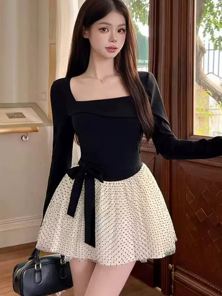Amazing Black A-Line Bow Mini Skirt Chic Polka Dots Square Neck Long Sleeve Short Dress AP3744