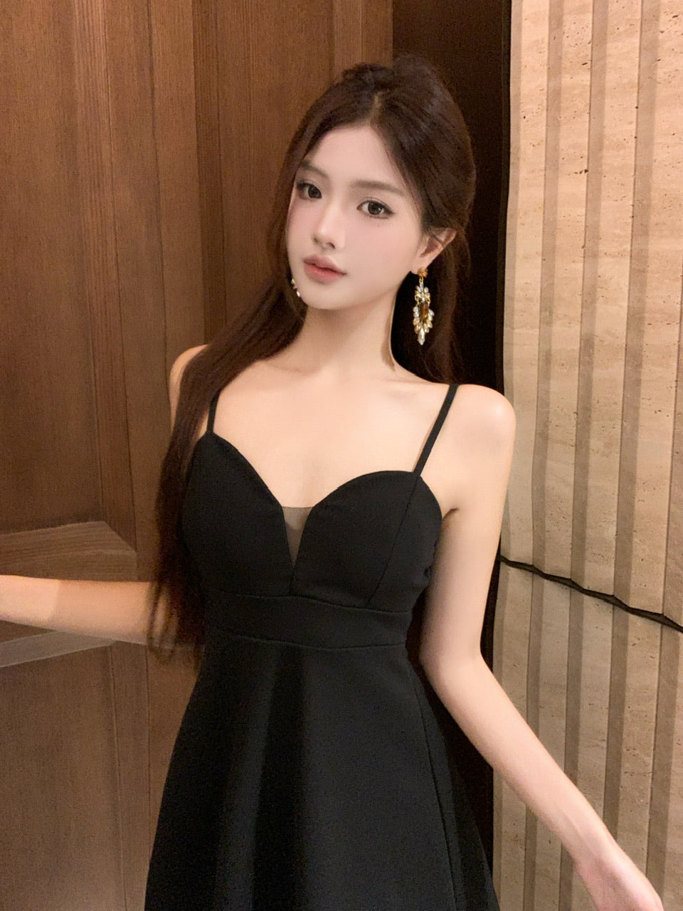 Splendid Black A-Line Party Outfit Mini Skirt Glam Spaghetti Strap Cinched-Waist Short Dress AP3747
