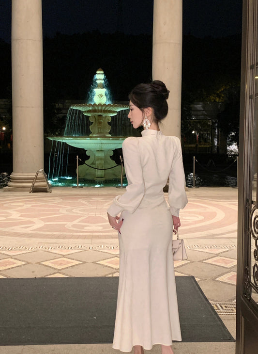 Romantic V Neck Long Sleeve White Evening Maxi Dress Dreamy Crystals Accent Mermaid Long Dress AP3749